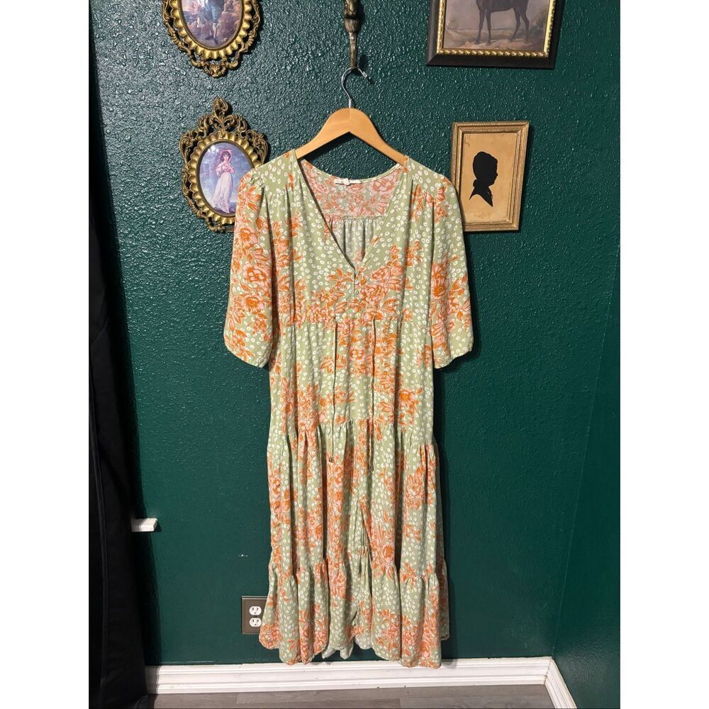 ABEL THE LABEL Dress Wild Bloom Boho Maxi Green V Neck Size Medium Floral Cottag